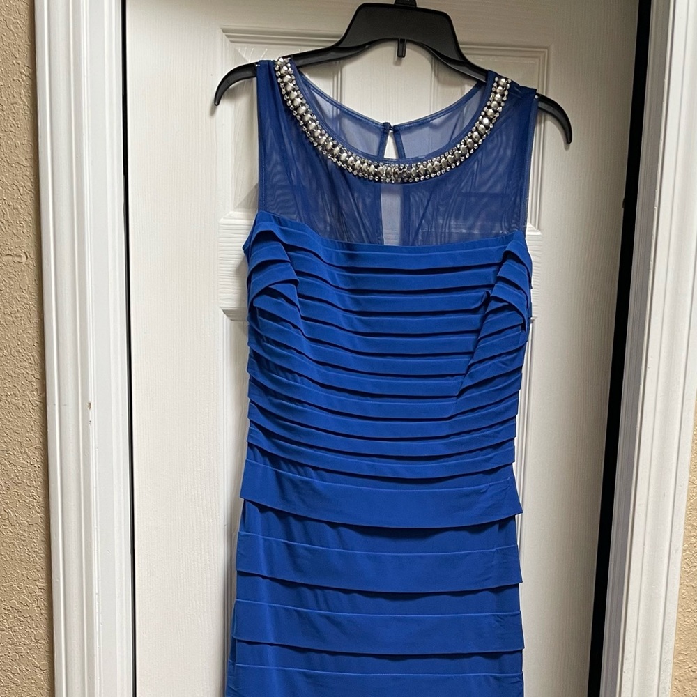 Royal Blue Sangria Size 10 Long Dress Sleeveless Rouched and Sheer